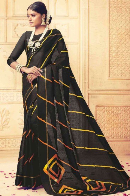 sari en soie kora noire avec imprimé