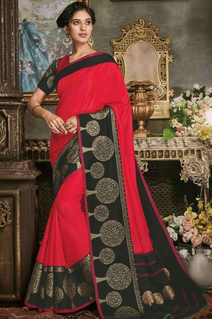sari en soie d'art en rouge avec chemisier