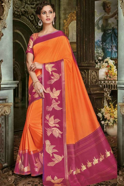 sari orange en soie d'art avec chemisier