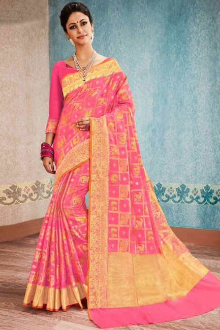 saris rose en soie brute banarasi