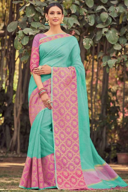 sari turquoise en soie brute banarasi avec chemisier