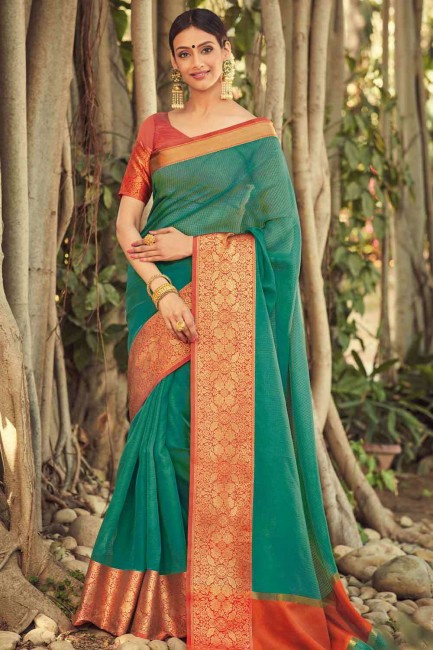 saris vert en soie brute banarasi avec
