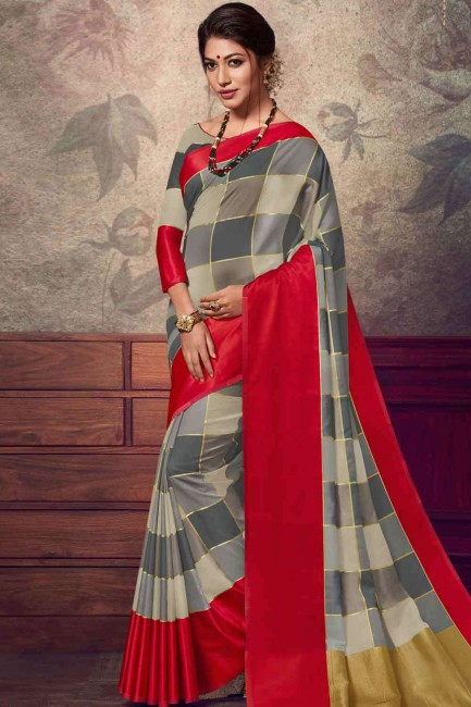 sari en soie brute banarasi en gris avec chemisier