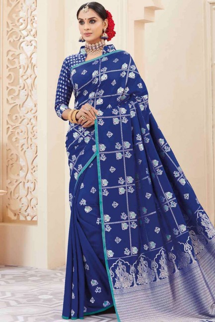 banarasi soie brute bleu sari indien