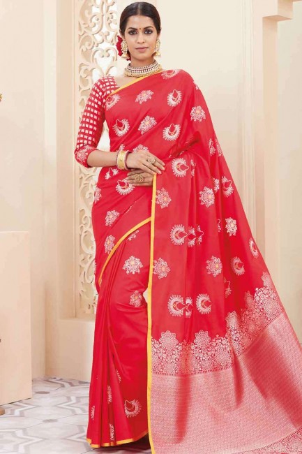 sari en soie brute banarasi en rouge avec chemisier