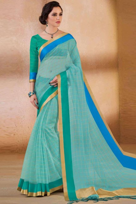 sari indien en soie turquoise