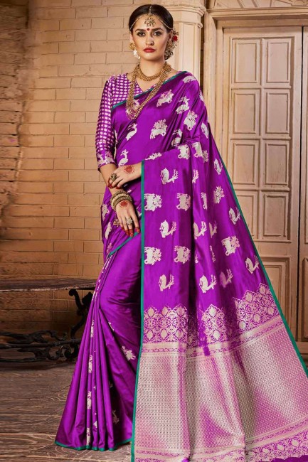 art soie banarasi sari en violet avec chemisier