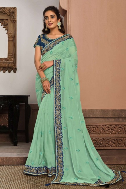 sari en tissu bleu marine avec zari, pierre, brodé