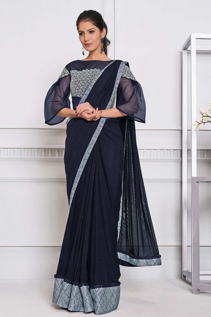 resham, paillettes, brodé lycra bleu royal party wear sari avec chemisier