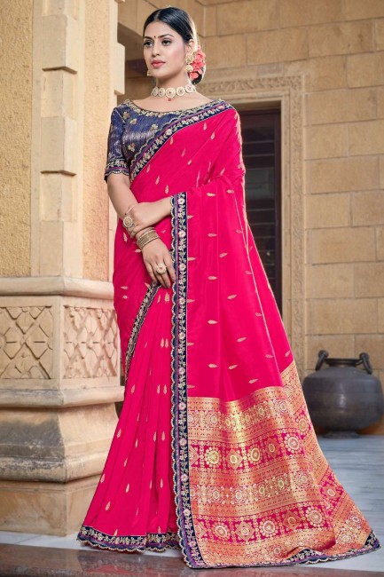 sari en viscose rose avec resham, zari, brodé