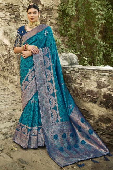 sari jacquard bleu turquoise avec tissage