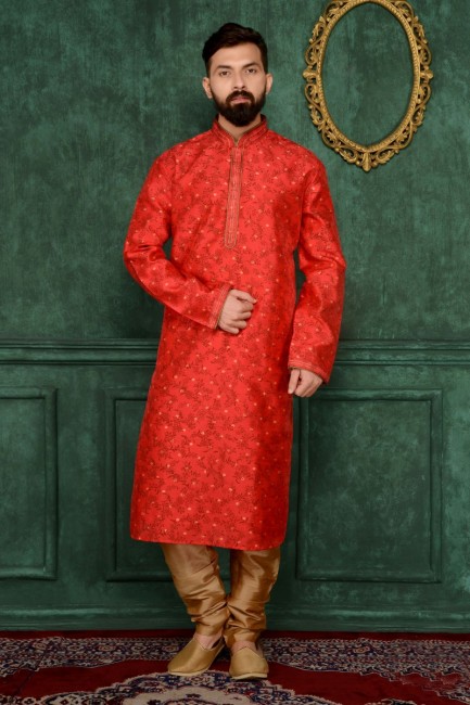 brocart de soie rouge imprimé ethnique usure kurta ready-made kurta payjama