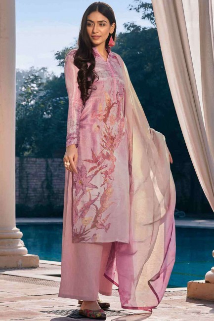Pink Printed Palazzo Suit in Satin
