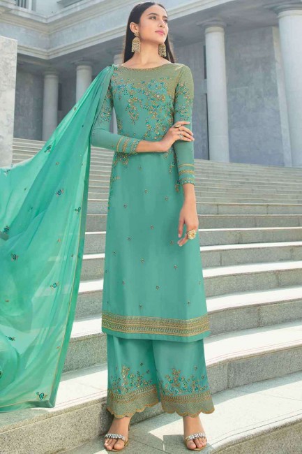 turquoise georgette palazzo costume avec brodé