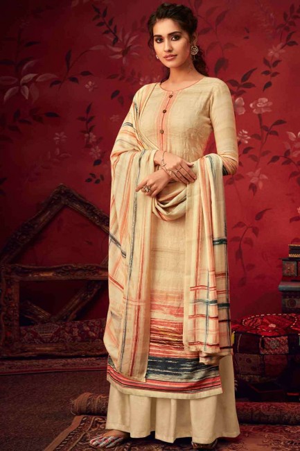 costume palazzo beige imprimé pashmina avec dupatta