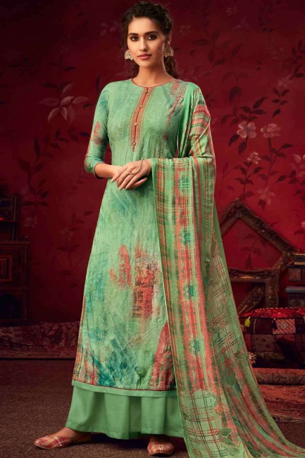 costume palazzo en pashmina vert avec imprimé