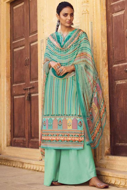 costume palazzo pashmina en turquoise avec imprimé
