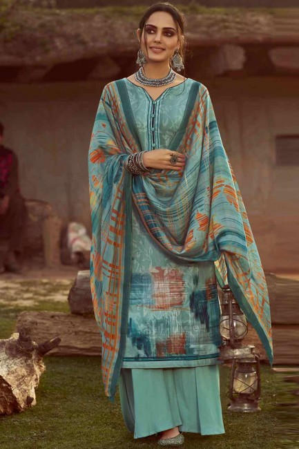 costume palazzo turquoise imprimé pashmina pur avec dupatta