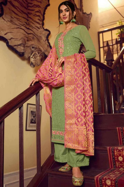 Green Embroidered Georgette Palazzo Suit