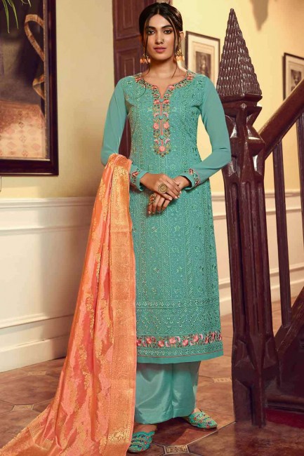 costume palazzo en georgette turquoise avec broderie