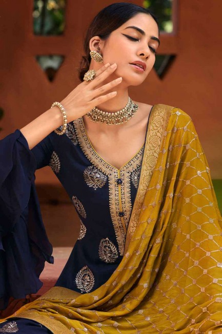 embroidered chiffon navy blue palazzo suit with dupatta