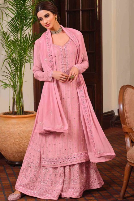 costume pakistanais en mousseline rose avec broderie