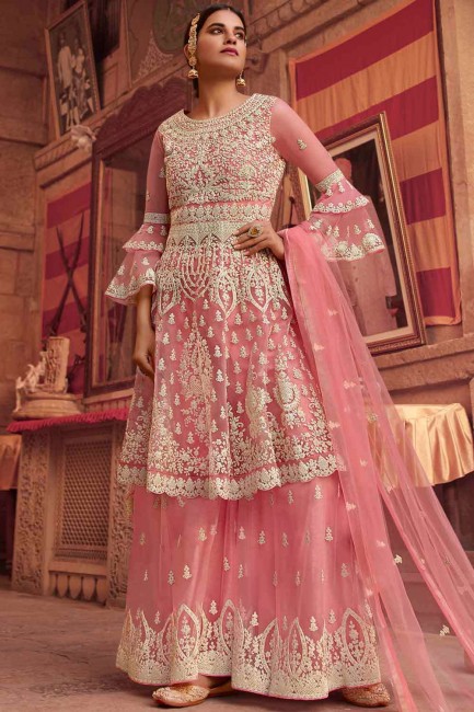 costume pakistanais en filet rose avec broderie