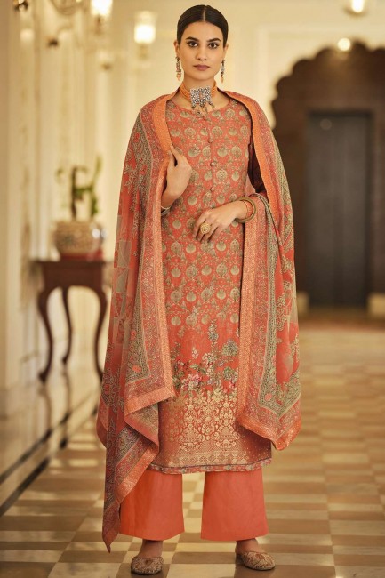 costume palazzo eid en viscose et soie jacquard avec impression numérique en orange