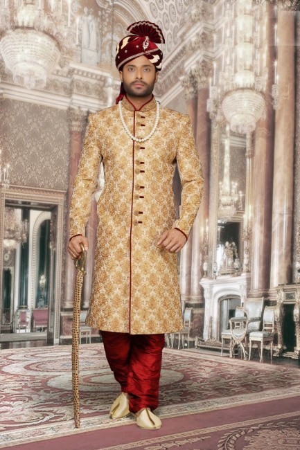 beige jackard sur tout butin élevé designer usure ethnique légère sherwani ready-made