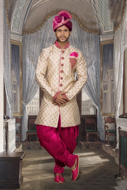 beige butin rose jackard usure ethnique concepteur sherwani ready-made