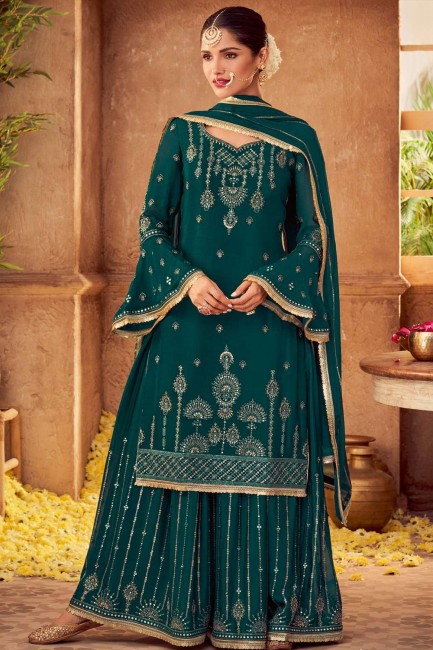 costume eid palazzo en mousseline de soie vert chinon avec miroir