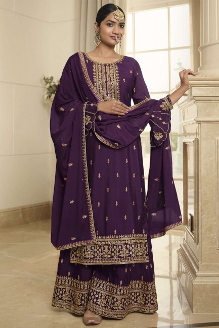 costume palazzo en mousseline de soie chinon violet avec fil