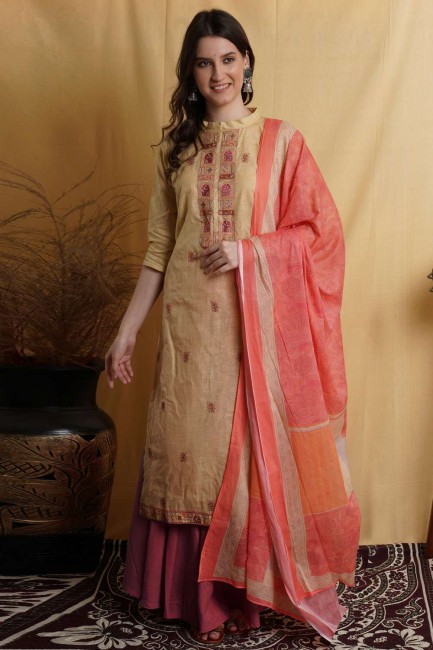 salwar kameez en coton beige avec impression numérique