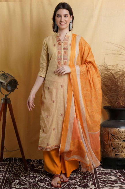 salwar kameez beige en coton imprimé numérique avec dupatta