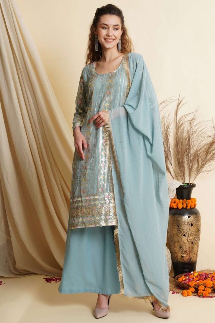 costume bleu ciel diwali palazzo avec dentelle georgette