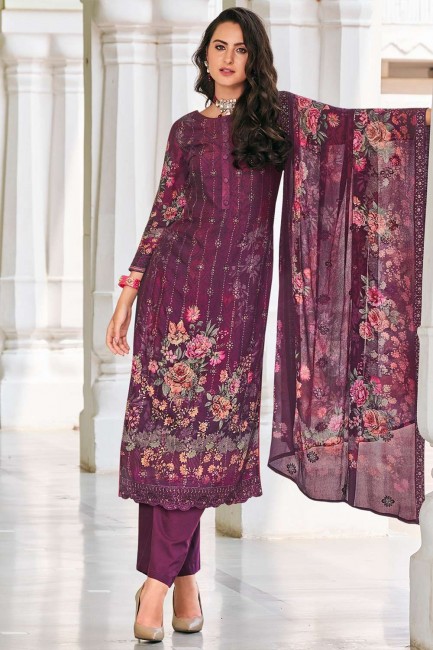 salwar kameez en mousseline violette avec impression numérique