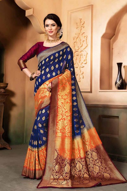 bleu et orange sari de soie grège