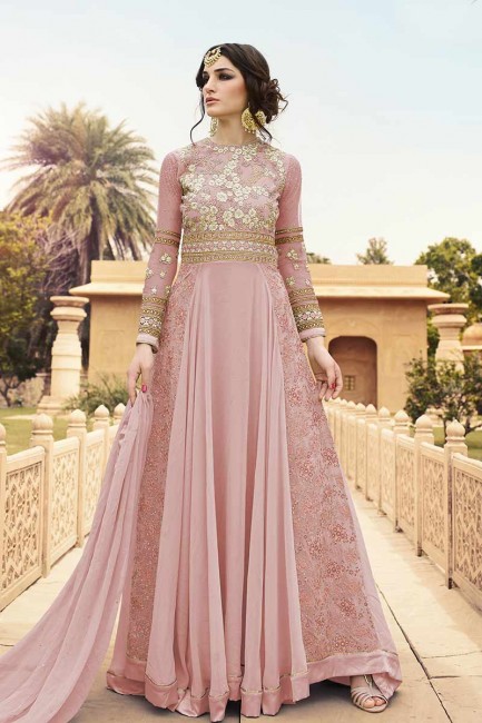 georgette couleur rose, costume Anarkali net mono