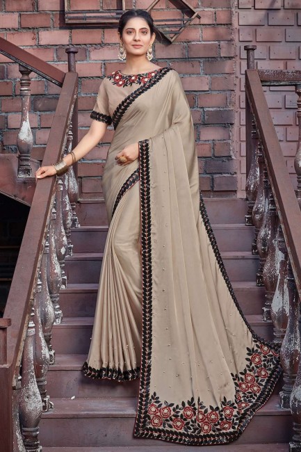 saris beige avec resham, main, paillettes, fil, georgette brodée et soie