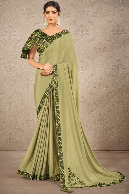 sari en georgette et soie à impression numérique vert avec chemisier