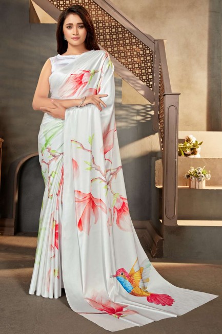 saris blanc en satin avec impression numérique