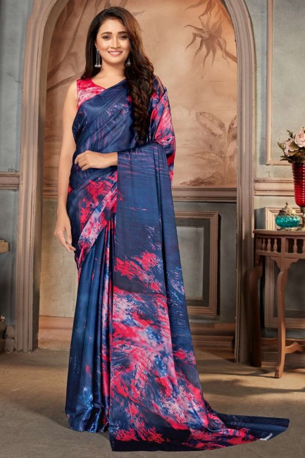 sari en satin avec impression numérique en bleu