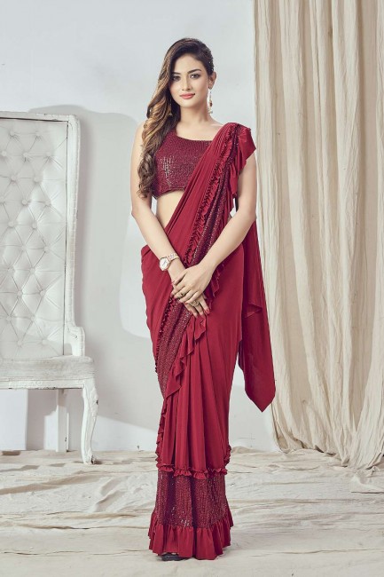 sari rouge brodé en lycra avec chemisier