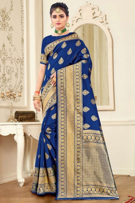 tissage banarasi karva chauth sari en soie bleu banarasi