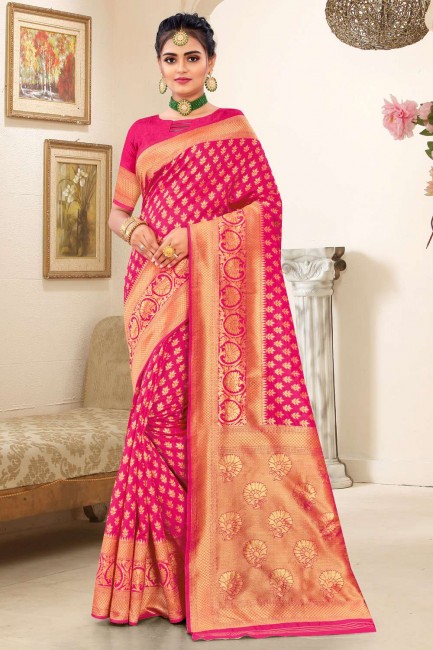 soie banarasi rose karva chauth banarasi sari avec tissage