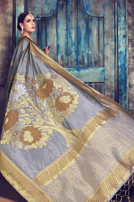 nylon soie sari de couleur grise