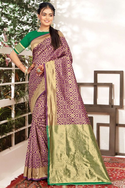 banarasi soie banarasi sari en violet avec tissage