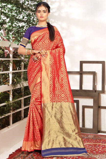 sari banarasi rouge avec tissage de soie banarasi