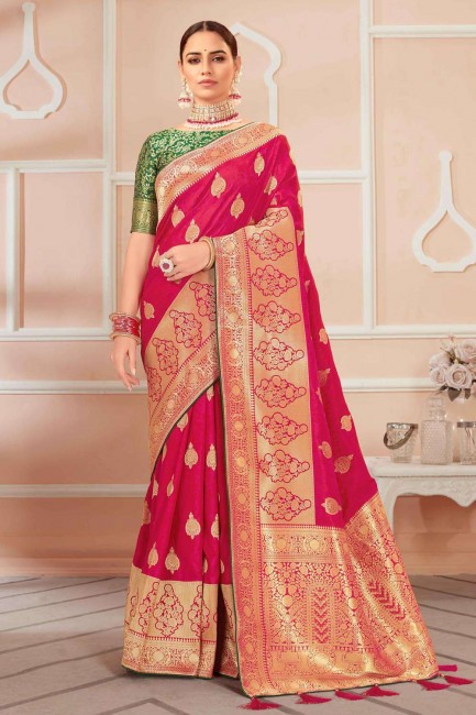 banarasi sari en soie banarasi rose avec tissage