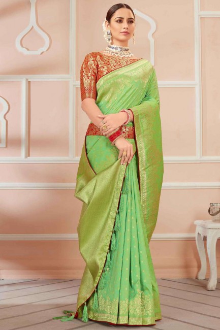 banarasi soie banarasi sari avec tissage en vert clair